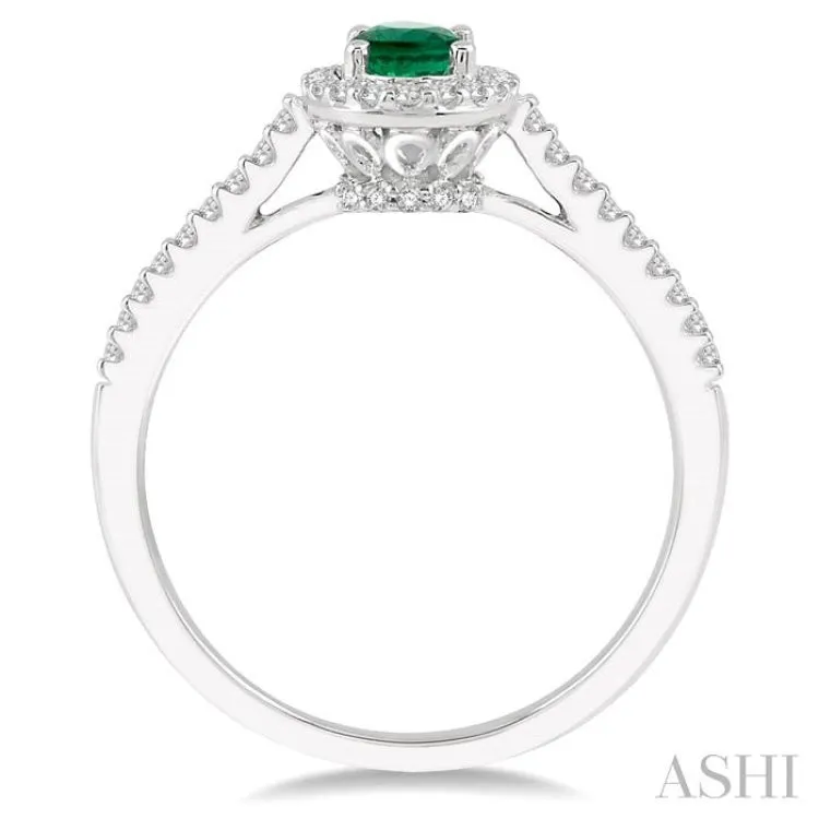 1/5 Ctw Oval Shape 6x4 MM Emerald & Round Cut Diamond Precious Ring in 10K White Gold