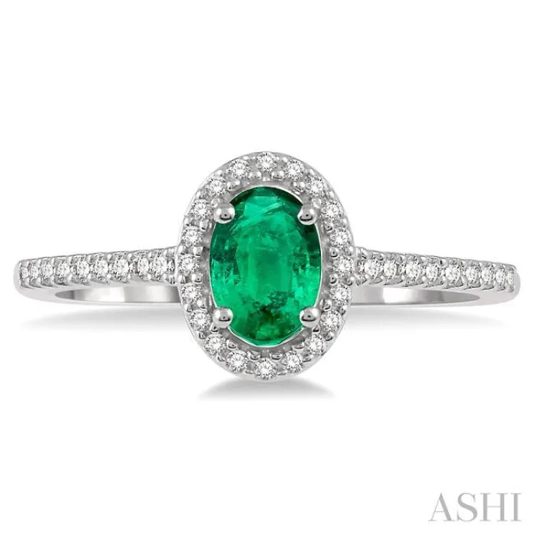 1/5 Ctw Oval Shape 6x4 MM Emerald & Round Cut Diamond Precious Ring in 10K White Gold