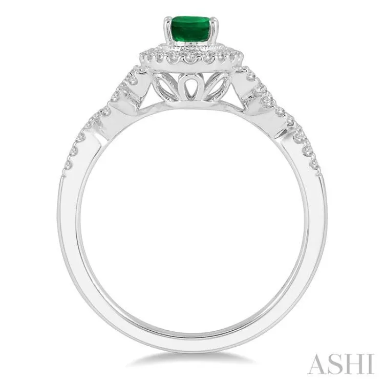 1/5 Ctw Oval Shape 6x4mm Emerald & Round Cut Diamond Precious Ring in 10K White Gold