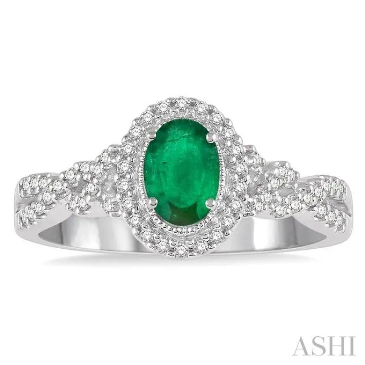 1/5 Ctw Oval Shape 6x4mm Emerald & Round Cut Diamond Precious Ring in 10K White Gold