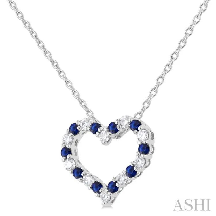 1/8 ctw Open Heart 1.4 MM Round Cut Sapphire and Round Cut Diamond Precious  Fashion Pendant With Chain in 14K White Gold