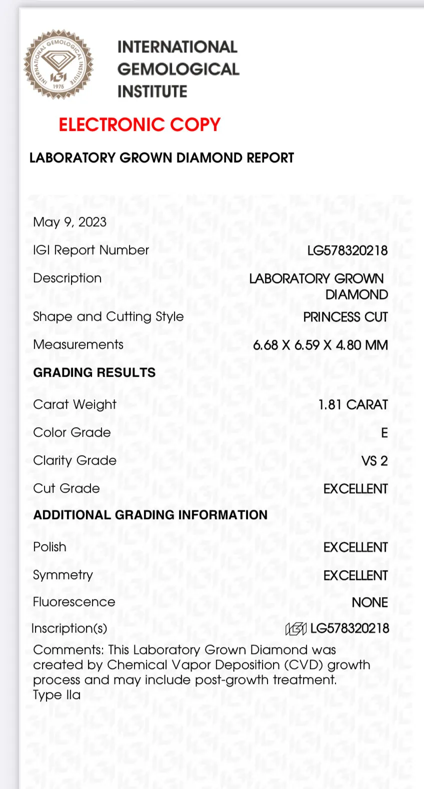 1.81 Lab Grown Princess Cut Diamond , Color E , Clarity VS1 - IGI LG578320218 TRIPLE EXCELLENT