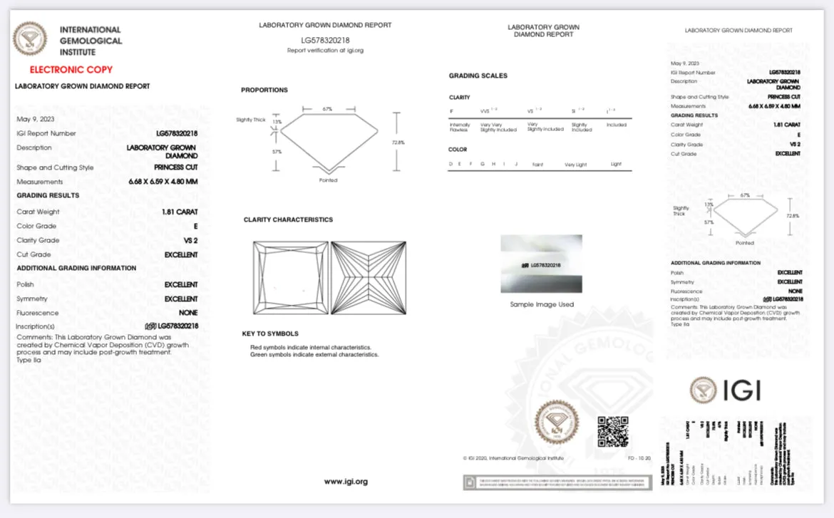 1.81 Lab Grown Princess Cut Diamond , Color E , Clarity VS1 - IGI LG578320218 TRIPLE EXCELLENT