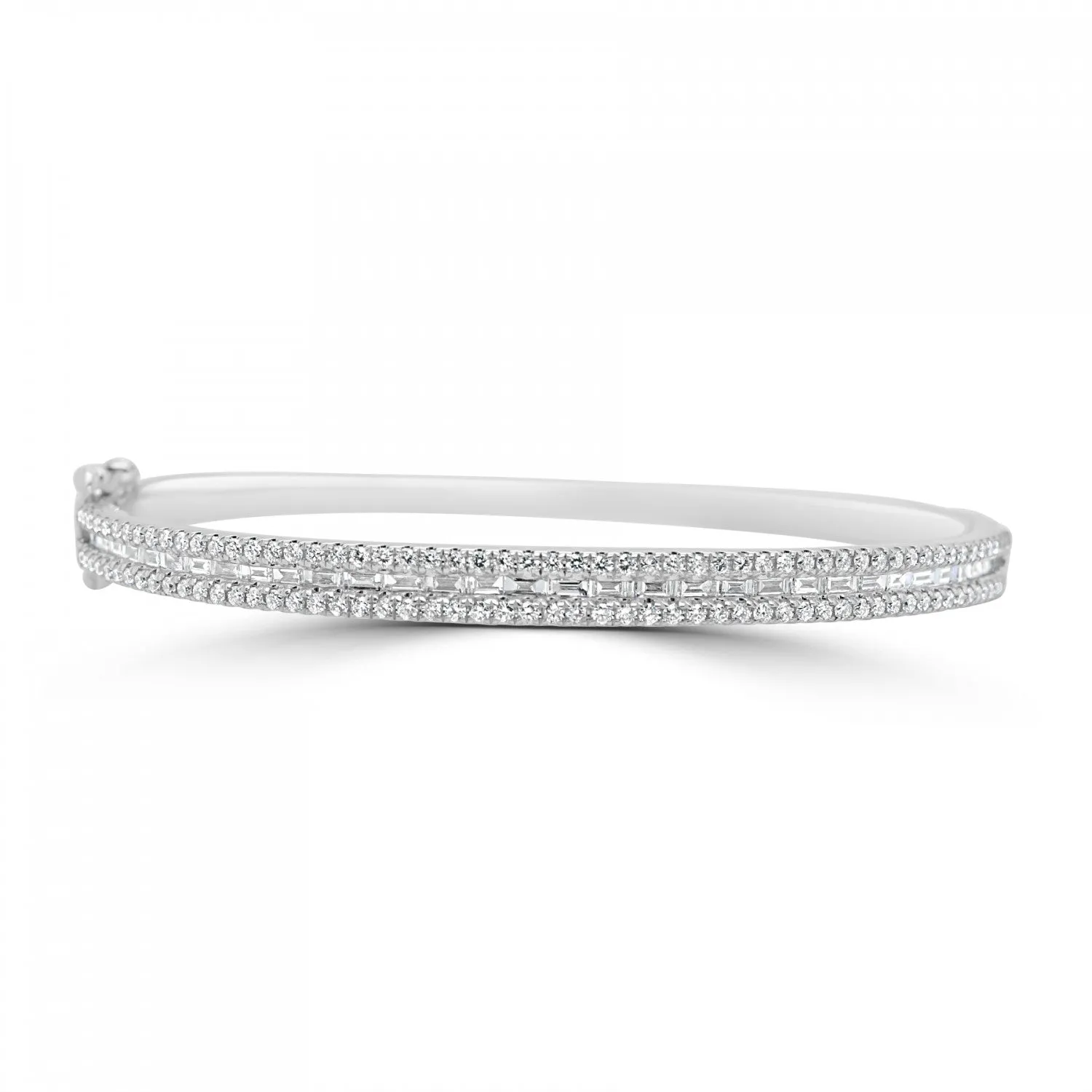 18ct White Gold 1.51ct Round Brilliant And Baguette Cut Diamond Triple Row Bangle