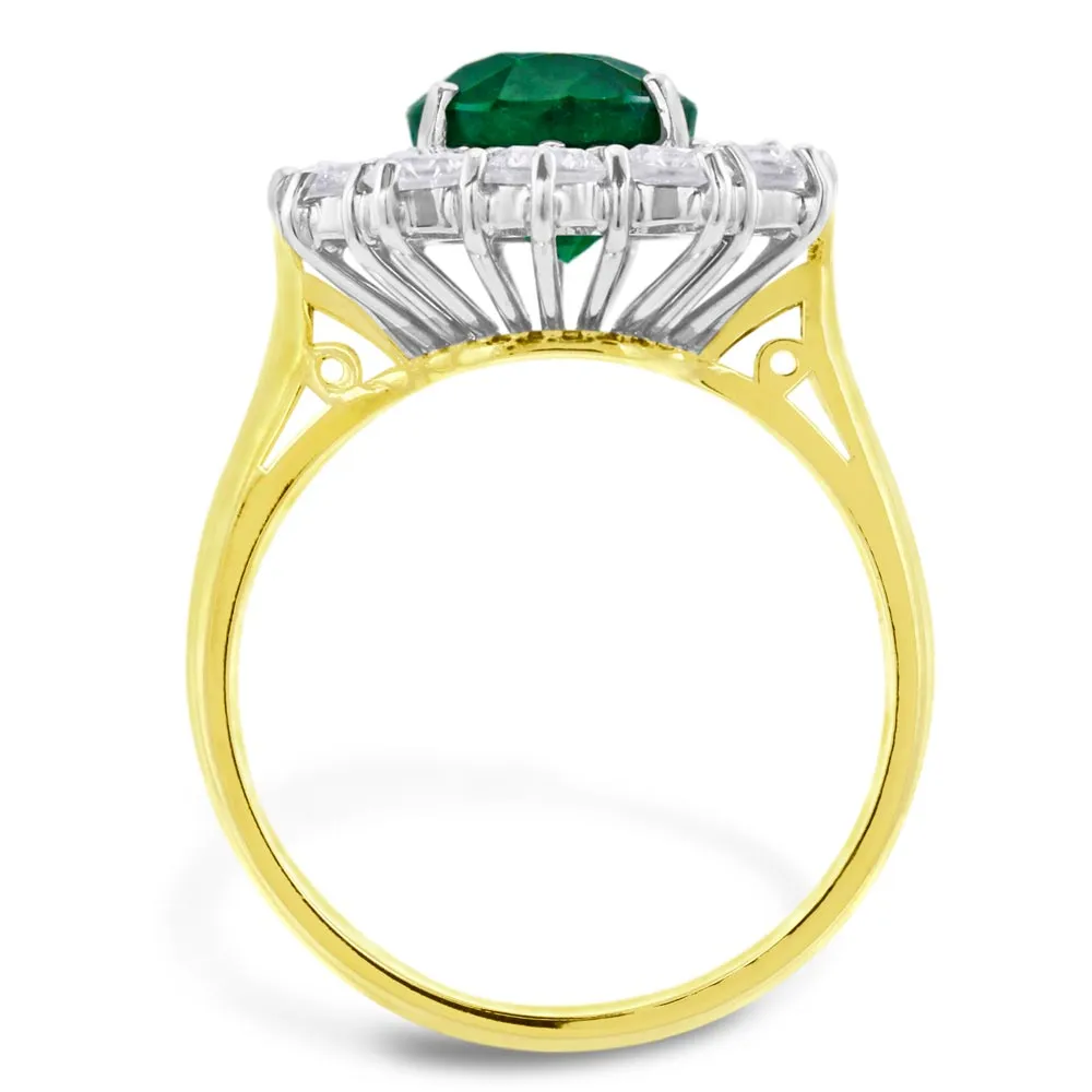 18ct Yellow And White Gold 3.33ct Oval Cut Emerald And 1.74ct Round Brilliant Cut Diamond Cluster Ring