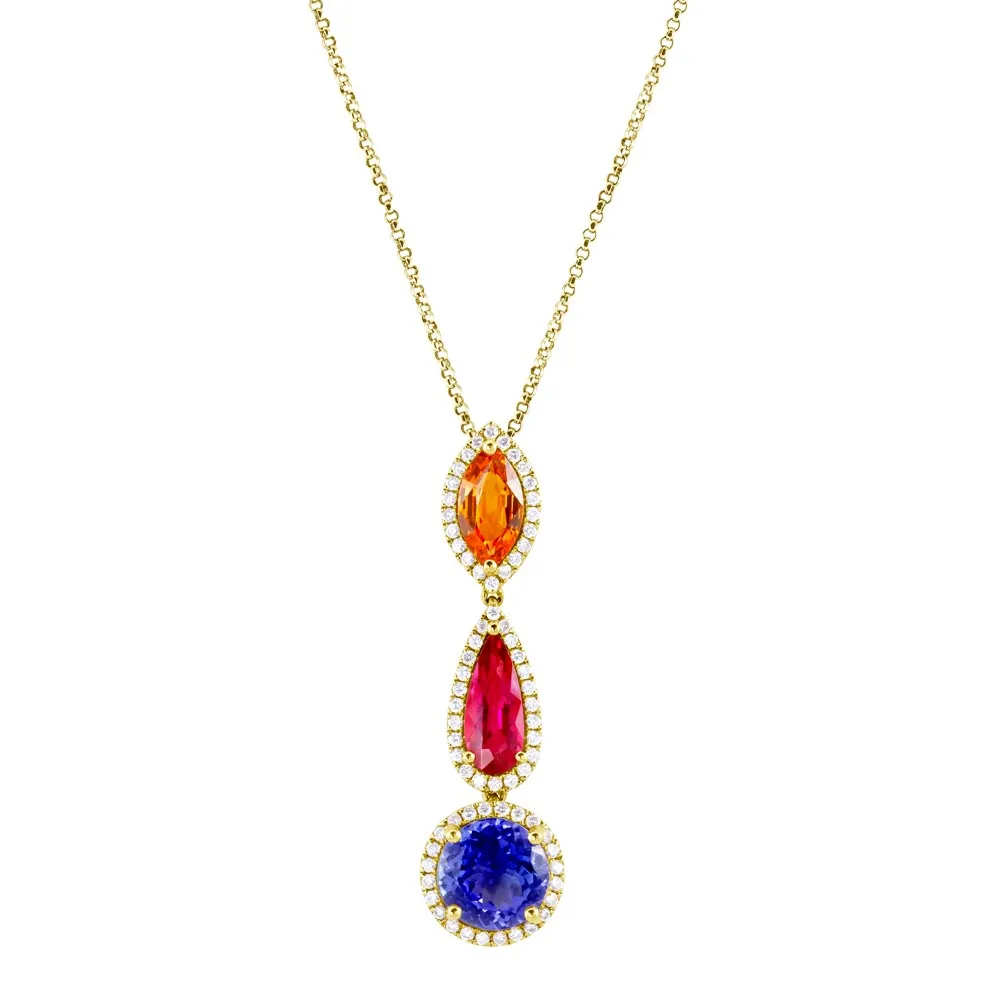 18ct Yellow Gold Tanzanite, Rubelite, Mandarin Garnet And Diamond Triple Drop Necklace