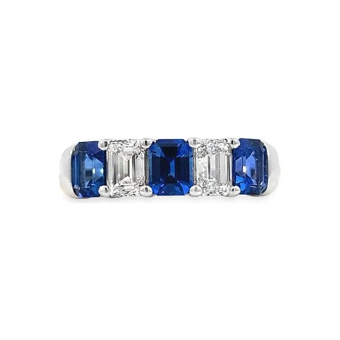 18K Gold Emerald Cut Sapphire & Diamond Anniversary Band