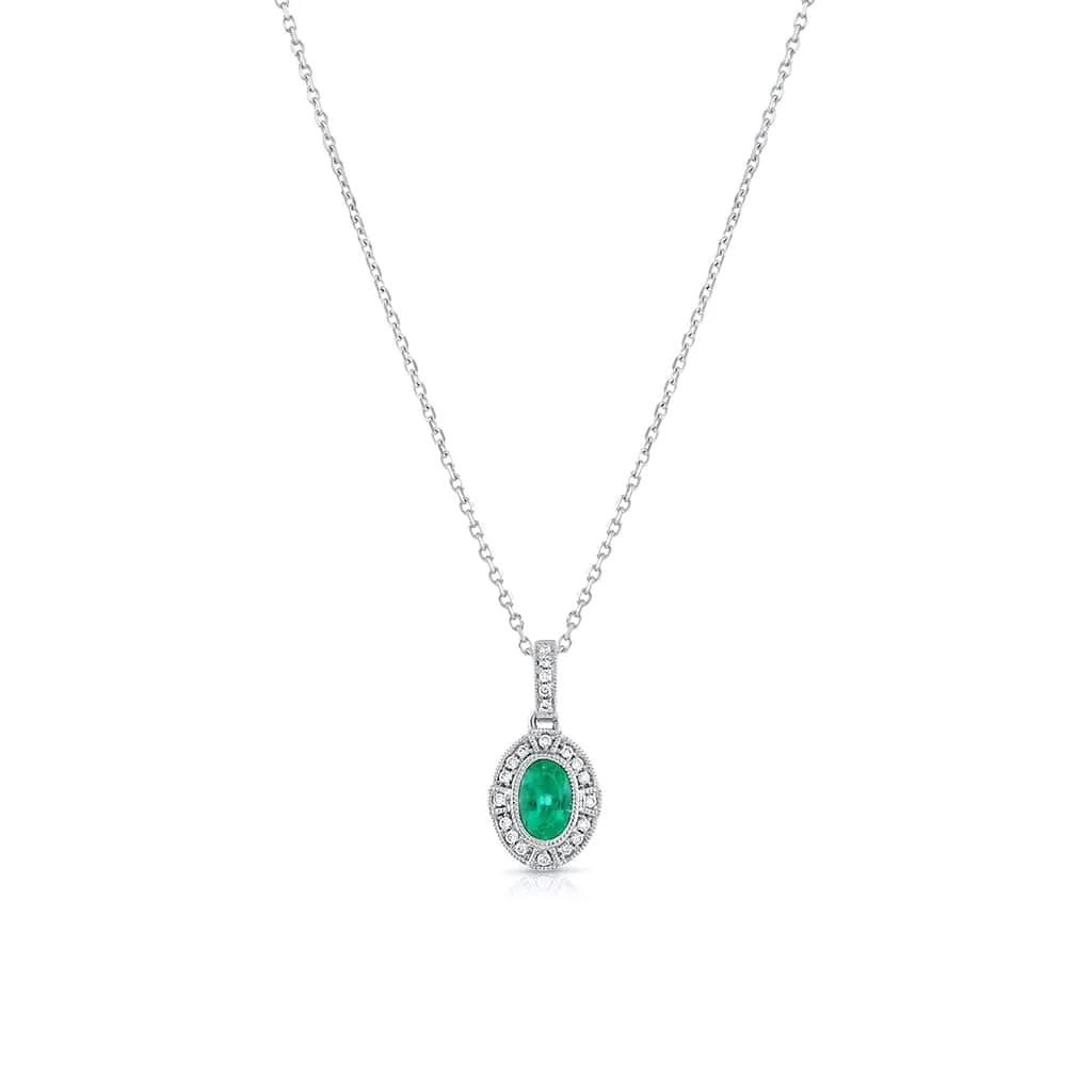 18K White Gold 0.41ct Oval Emerald and Diamond Filigree Pendant