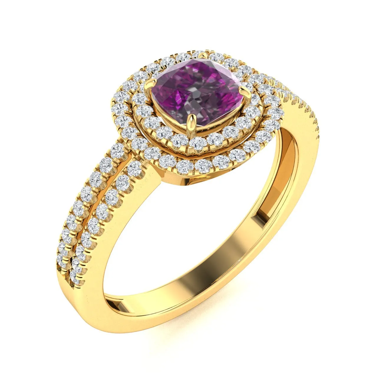 18kt Gold Cushion cut double halo set Natural Alexandrite and Diamond Ring (Alexandrite 2.00ct Diamonds 0.40cts)