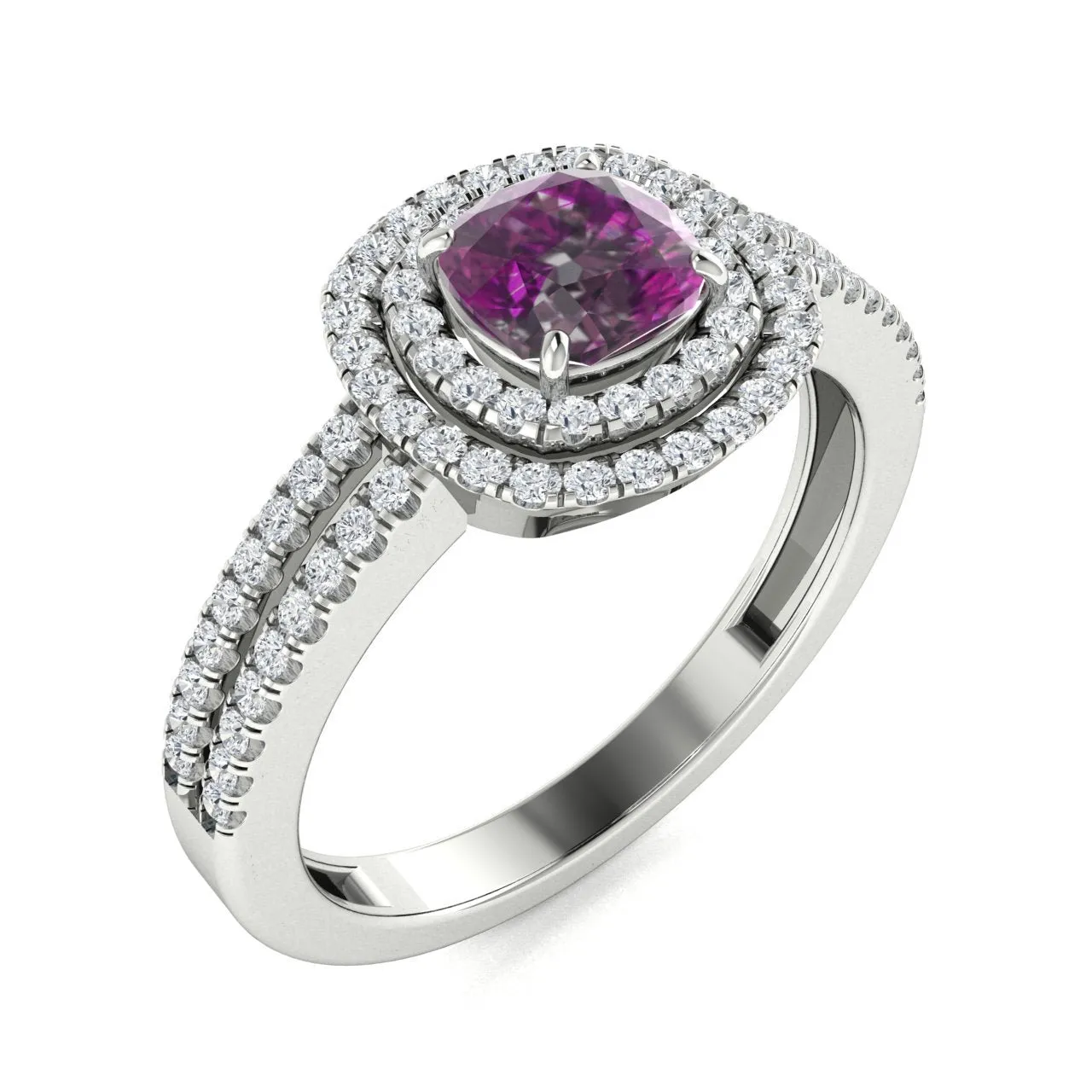 18kt Gold Cushion cut double halo set Natural Alexandrite and Diamond Ring (Alexandrite 2.00ct Diamonds 0.40cts)