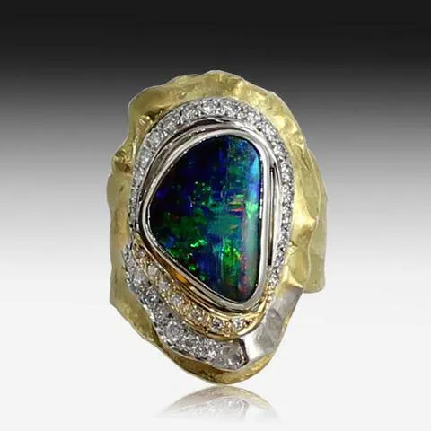 18KT YELLOW GOLD BOULDER OPAL AND DIAMOND RING