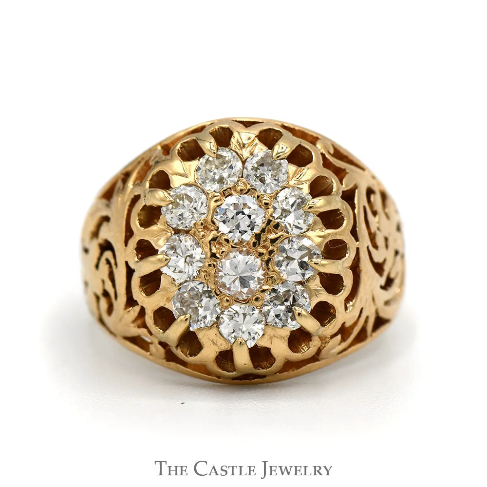 1cttw Oval Shaped 11 Diamond Kentucky Cluster Ring with Open Filigree Sides in 10k Yellow Gold