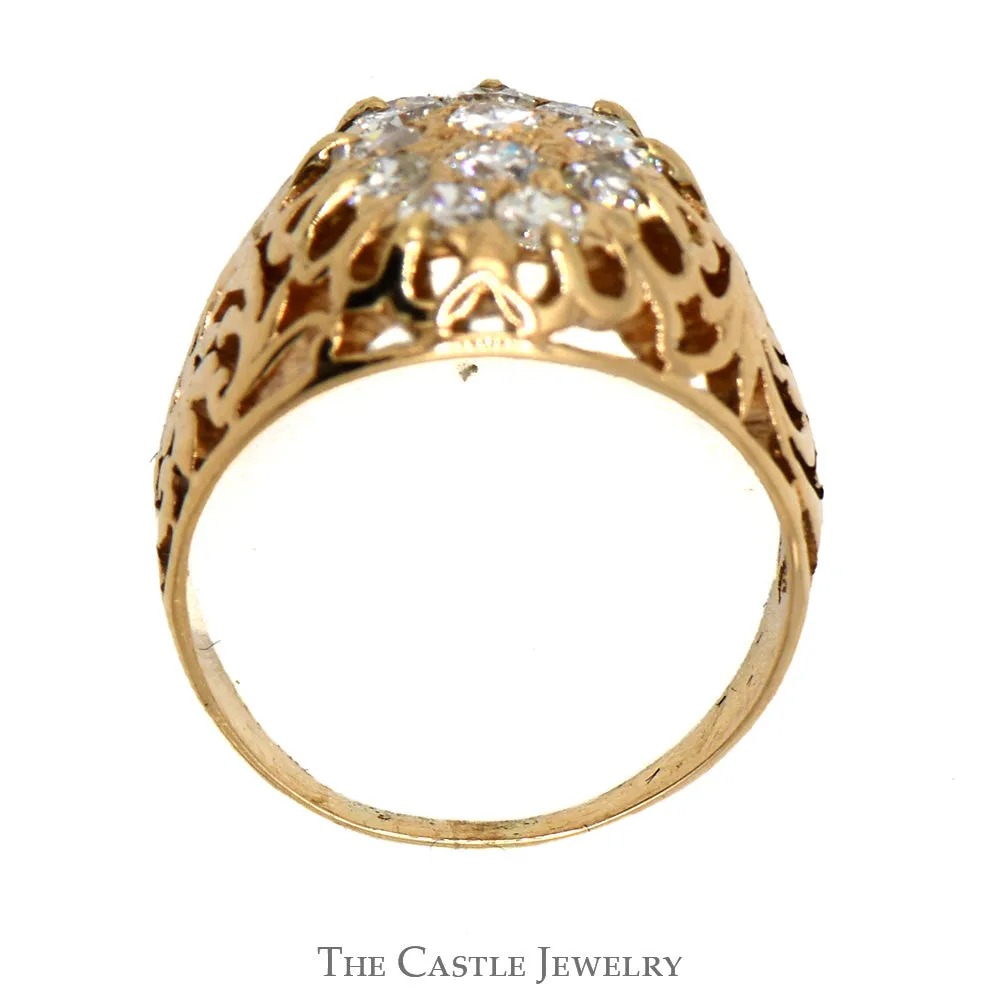 1cttw Oval Shaped 11 Diamond Kentucky Cluster Ring with Open Filigree Sides in 10k Yellow Gold