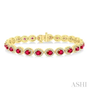 2 1/6 ctw Oval Cut 4X3 MM Ruby and Round Cut Diamond Halo Precious Tennis Bracelet in 14K Yellow Gold