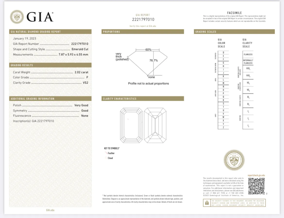 2.02 Carat Emerald Cut Diamond F , VS2 , GIA CERTIFICATE 2221797010