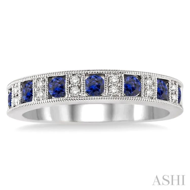 2.5 mm Round Cut Sapphire and 1/10 Ctw Round Cut Diamond Band in 14K White Gold