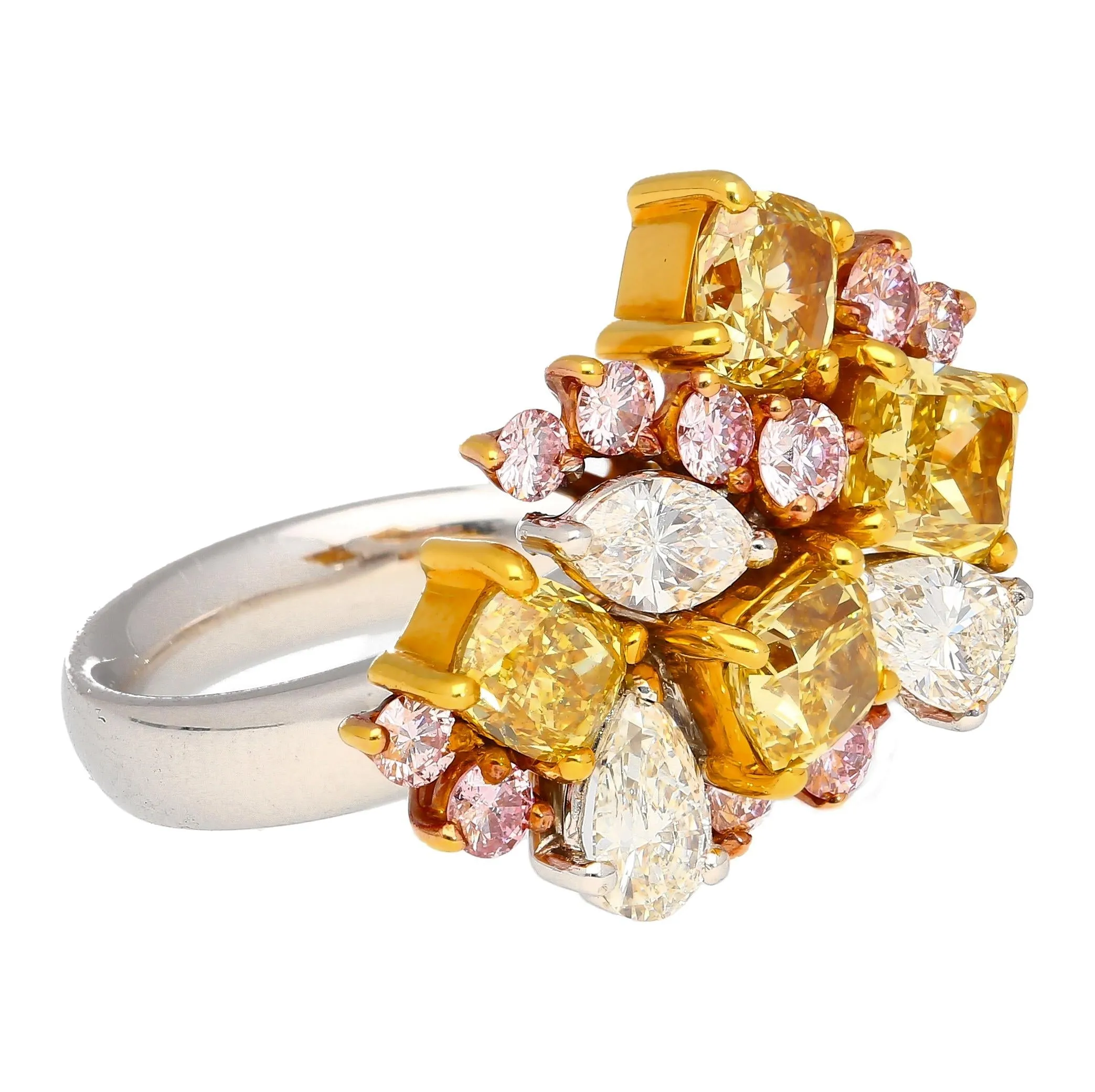 3 Carat Pink, Yellow, White Multi Cut Diamond Cluster Platinum And 18K Gold Ring