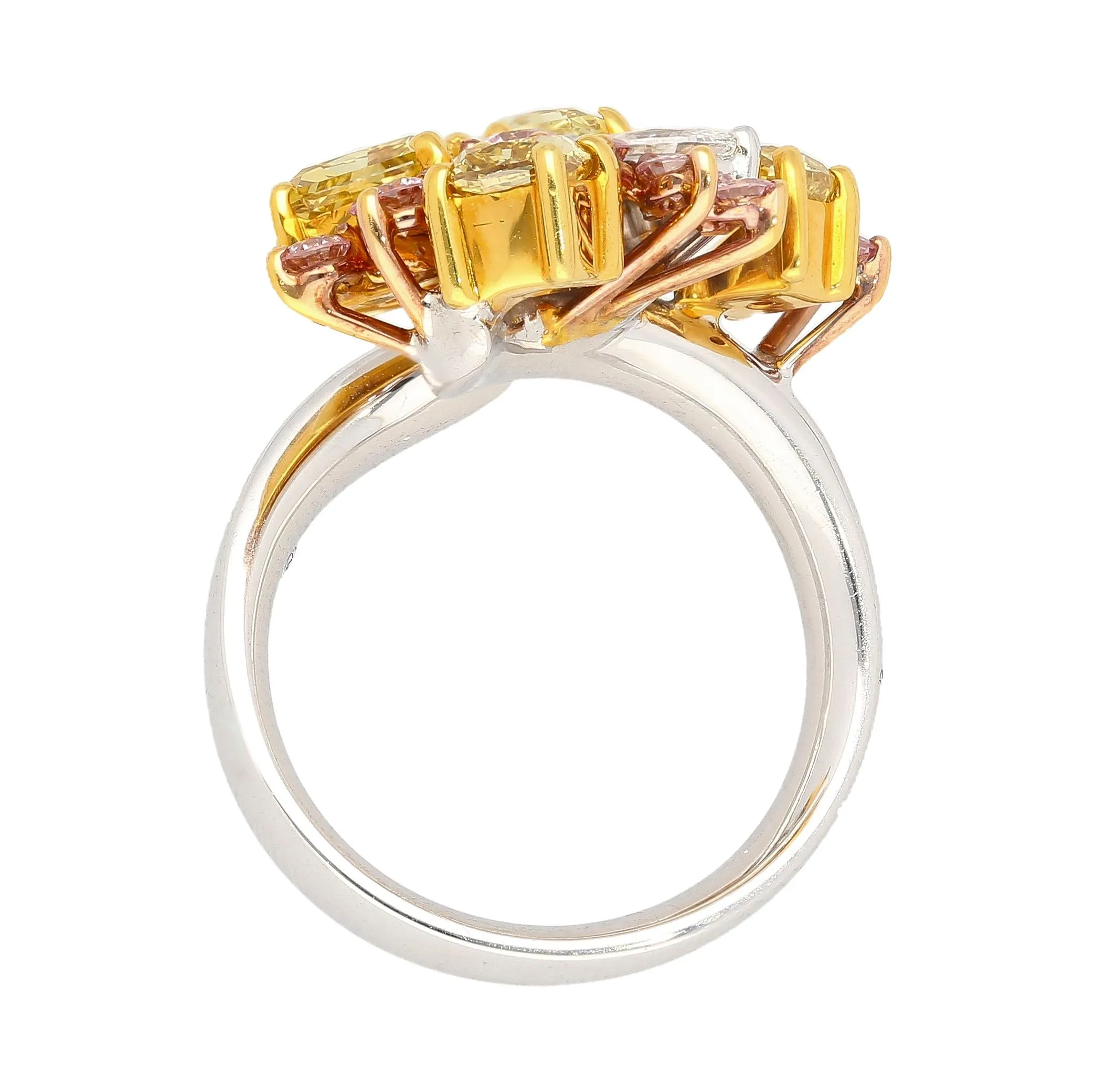 3 Carat Pink, Yellow, White Multi Cut Diamond Cluster Platinum And 18K Gold Ring