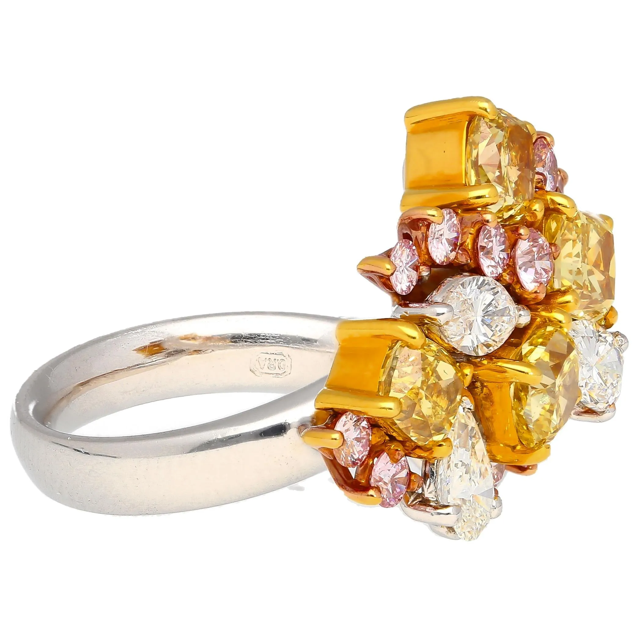 3 Carat Pink, Yellow, White Multi Cut Diamond Cluster Platinum And 18K Gold Ring