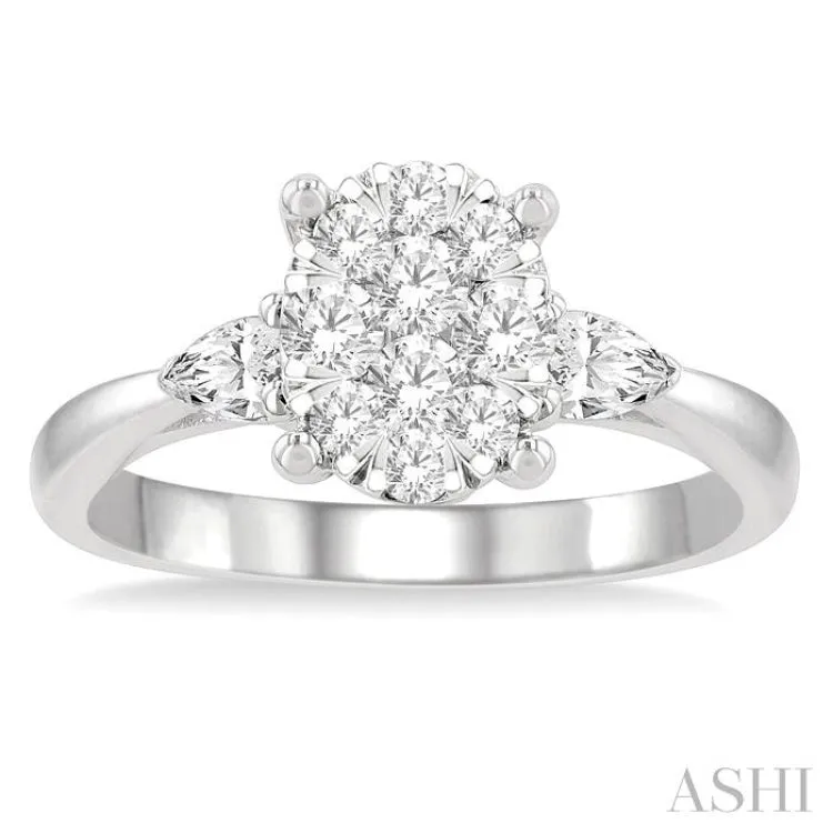 3/4 ctw Oval Shape Lovebright Pear and Round Cut Diamond Engagement Ring in 14K White Gold