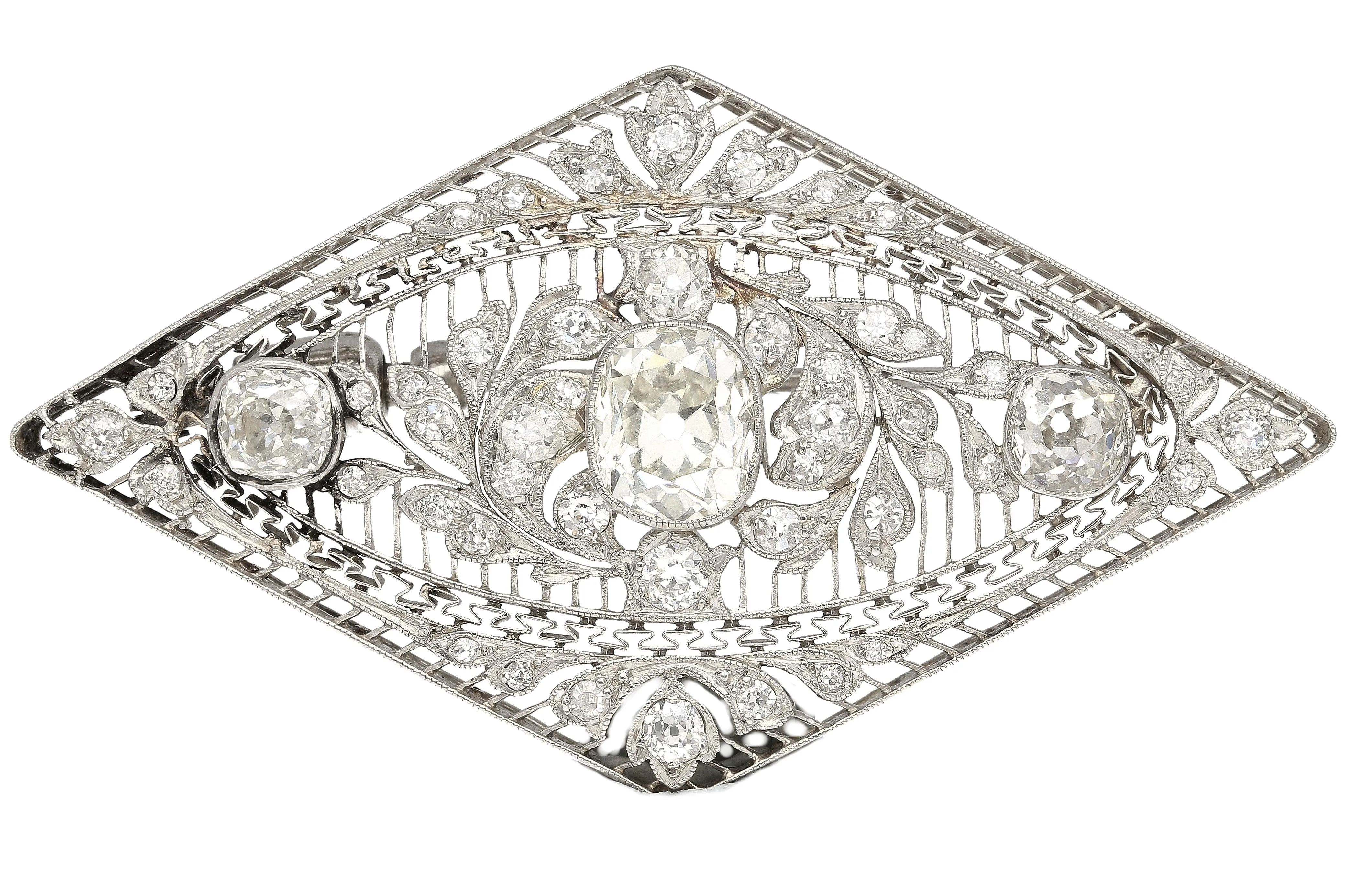 3.5 Carat Old European Cut Art Deco Diamond Brooch in Textured Filigree Platinum