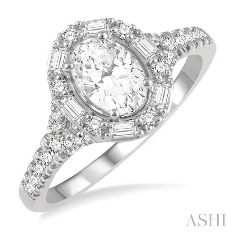 3/8 ctw Oval Shape Baguette and Round Cut Diamond Semi Mount Engagement Ring in 14K White Gold