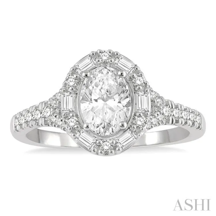 3/8 ctw Oval Shape Baguette and Round Cut Diamond Semi Mount Engagement Ring in 14K White Gold