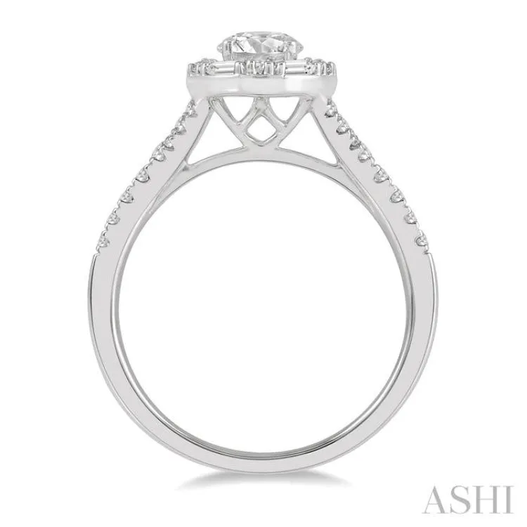 3/8 ctw Oval Shape Baguette and Round Cut Diamond Semi Mount Engagement Ring in 14K White Gold