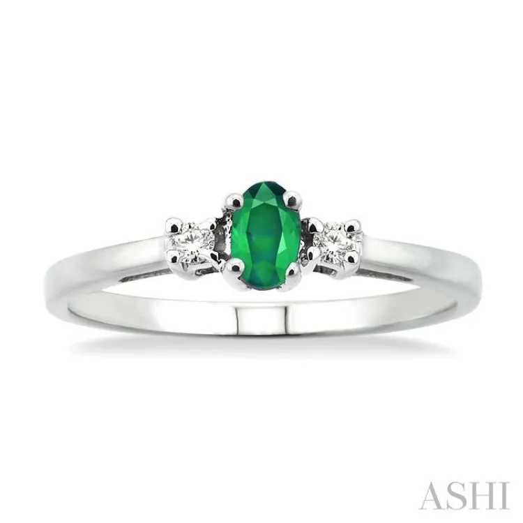 5x3mm Oval Cut Emerald and 1/20 Ctw Round Cut Diamond Ring in 10K White Gold