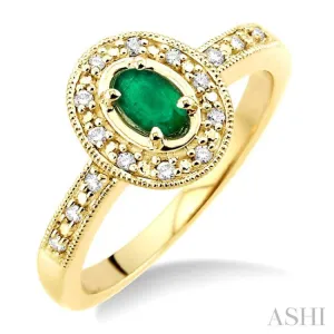 5x3mm Oval Shape Emerald and 1/10 Ctw Single Cut Diamond Ring in 14K Yellow Gold.