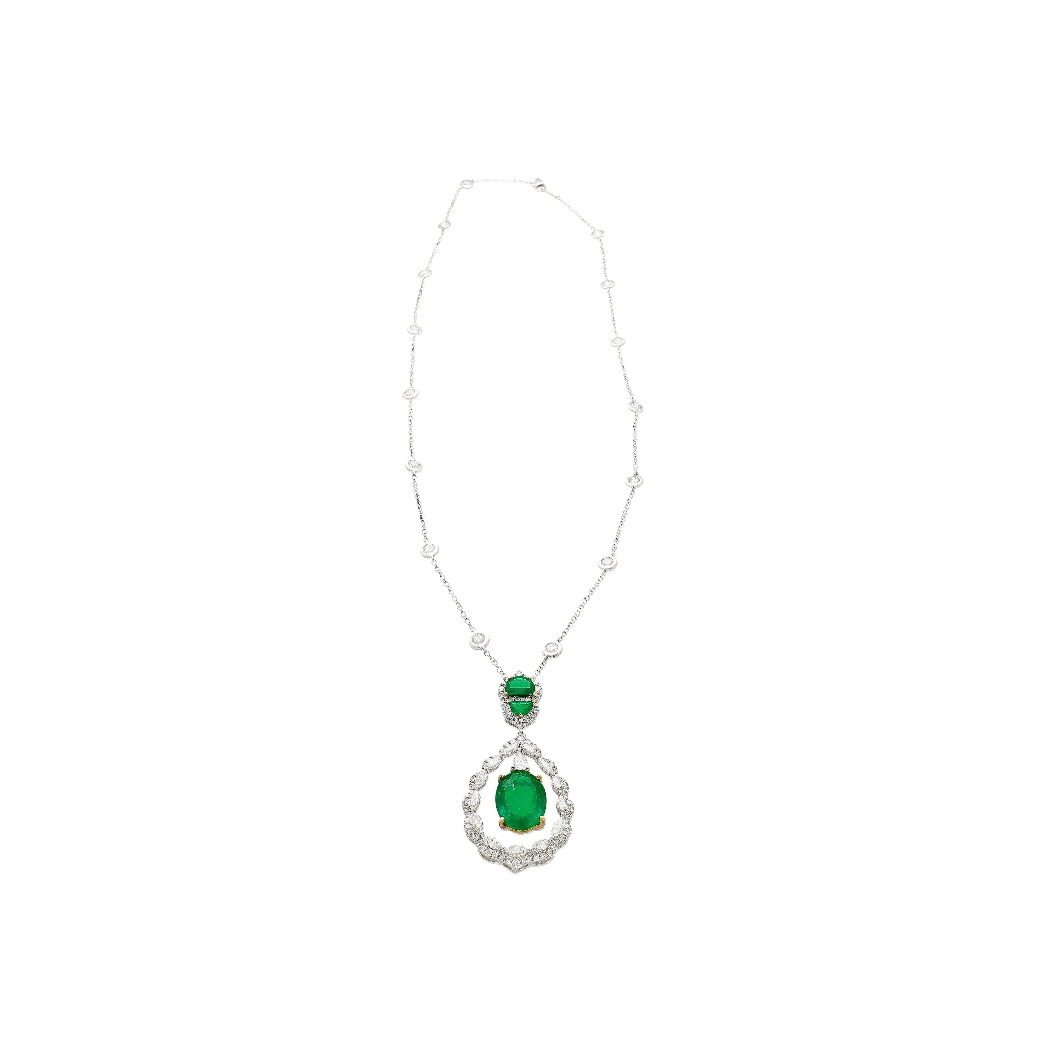 6.42 Carat Oval Emerald Drop & Diamond Halo Pendant Necklace