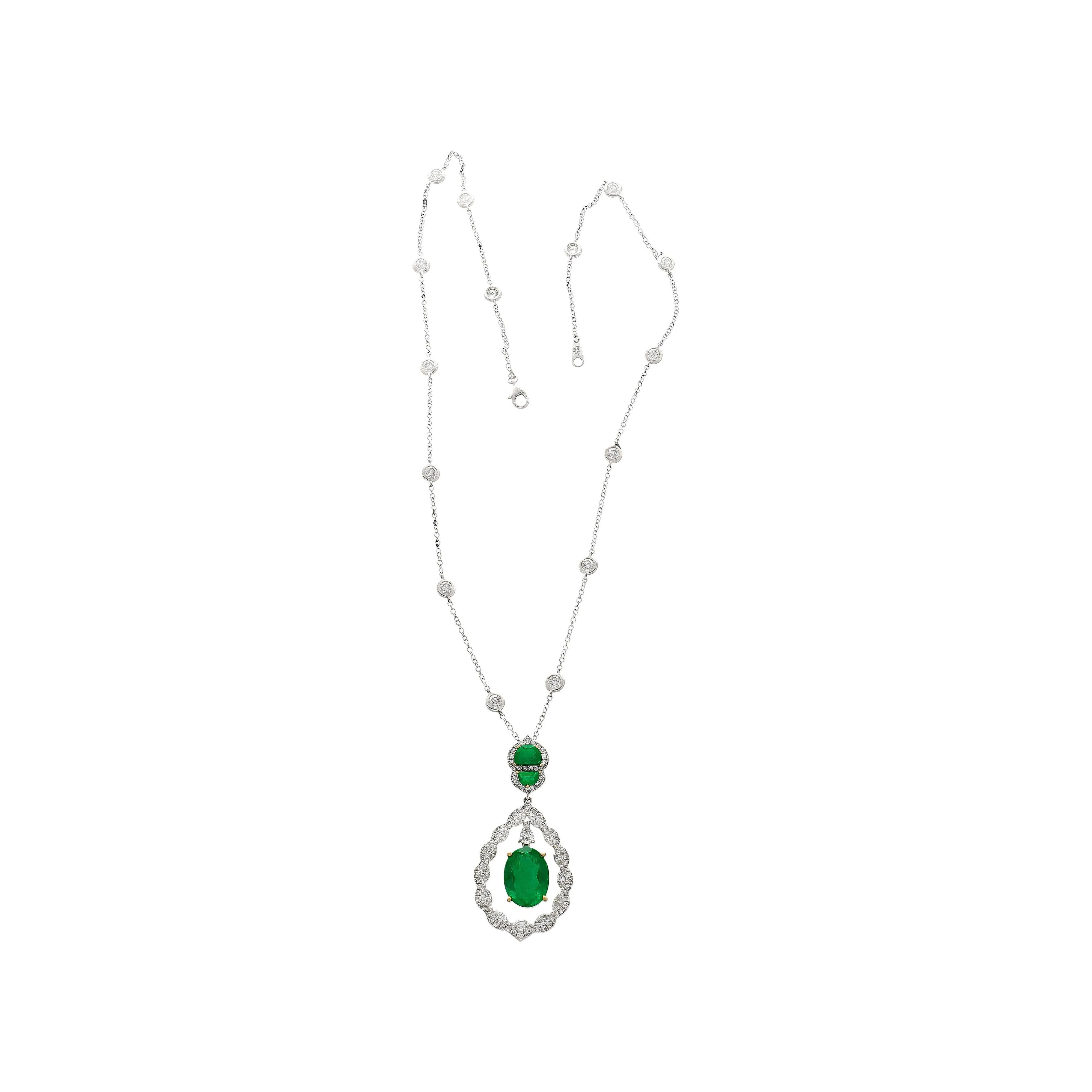 6.42 Carat Oval Emerald Drop & Diamond Halo Pendant Necklace