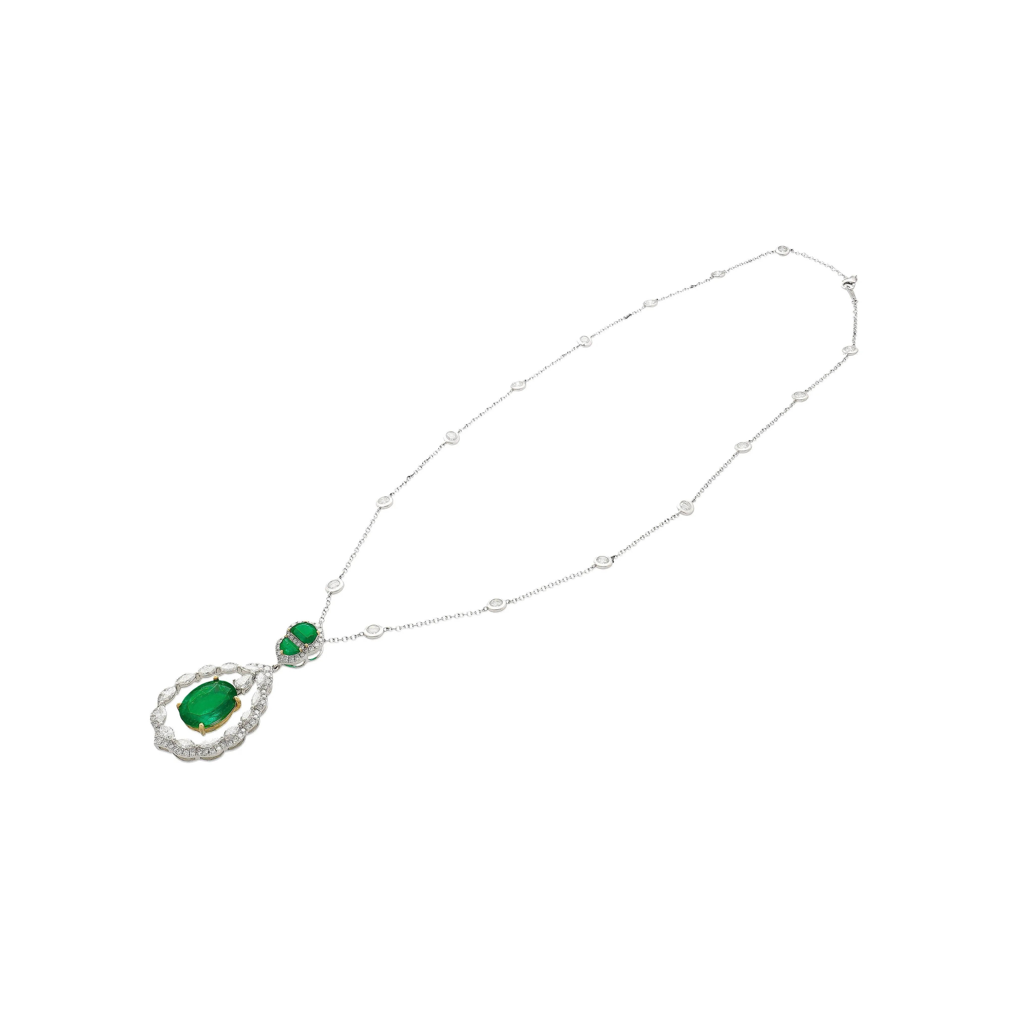 6.42 Carat Oval Emerald Drop & Diamond Halo Pendant Necklace