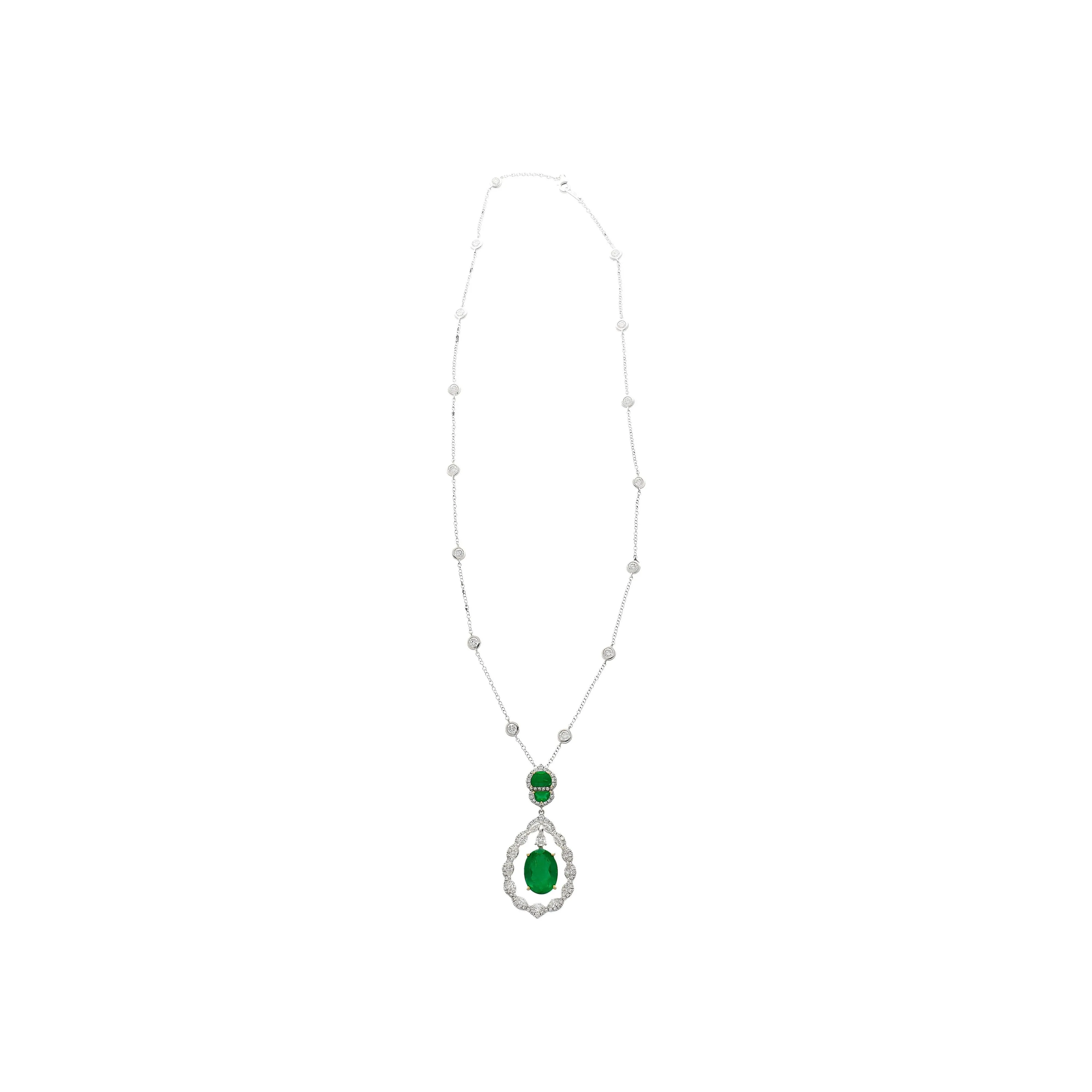 6.42 Carat Oval Emerald Drop & Diamond Halo Pendant Necklace