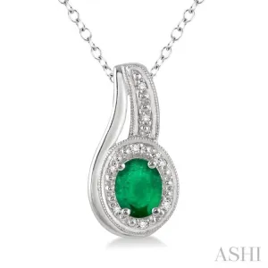 6x4 MM Oval Cut Emerald and 1/50 Ctw Round Cut Diamond Pendant in Sterling Silver with Chain