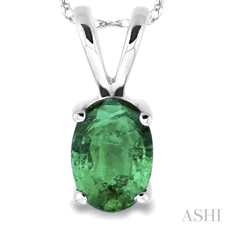 6x4MM Oval Cut Emerald Pendant in 14K White Gold with Chain