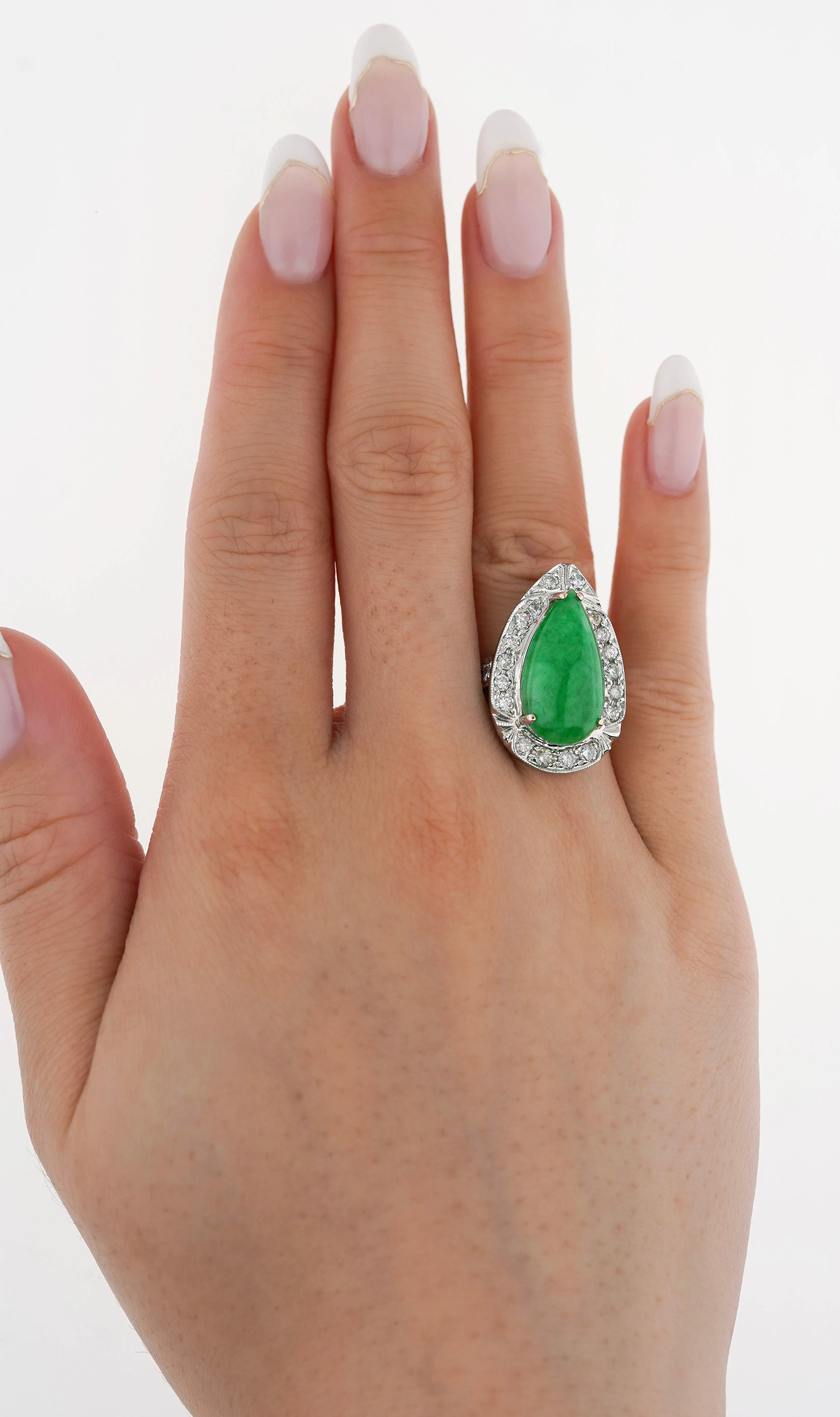 7.88 Carat Jade and Diamond Halo Ring in 18k White Gold