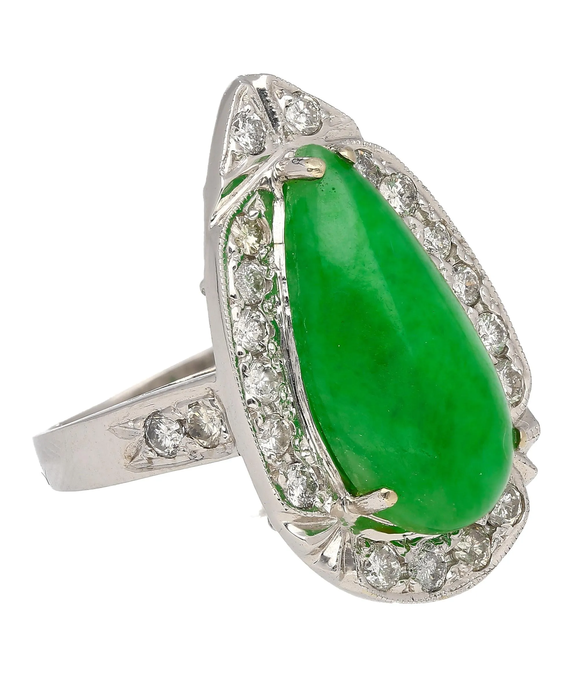 7.88 Carat Jade and Diamond Halo Ring in 18k White Gold