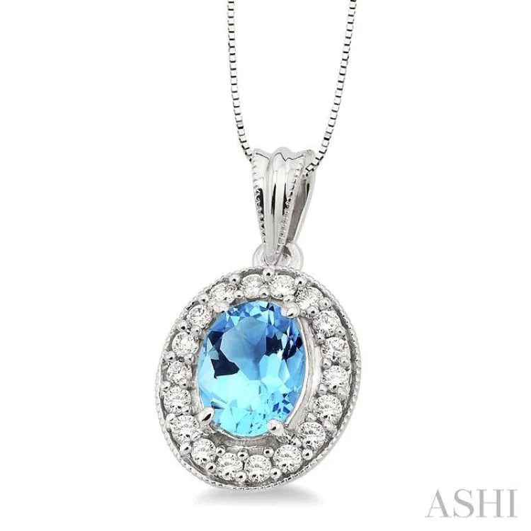 8x6mm Oval Cut Blue Topaz and 1/3 Ctw Round Cut Diamond Pendant in 14K White Gold with Chain