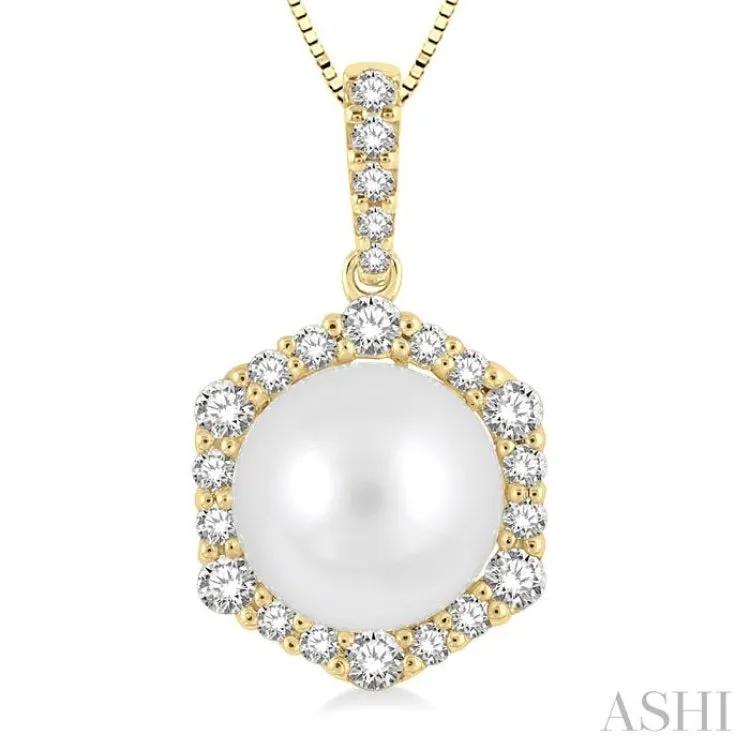 8X8MM Cultured Pearl and 1/3 Ctw Hexagon Shape Round Cut Diamond Pendant With Chain in 14K Yellow Gold