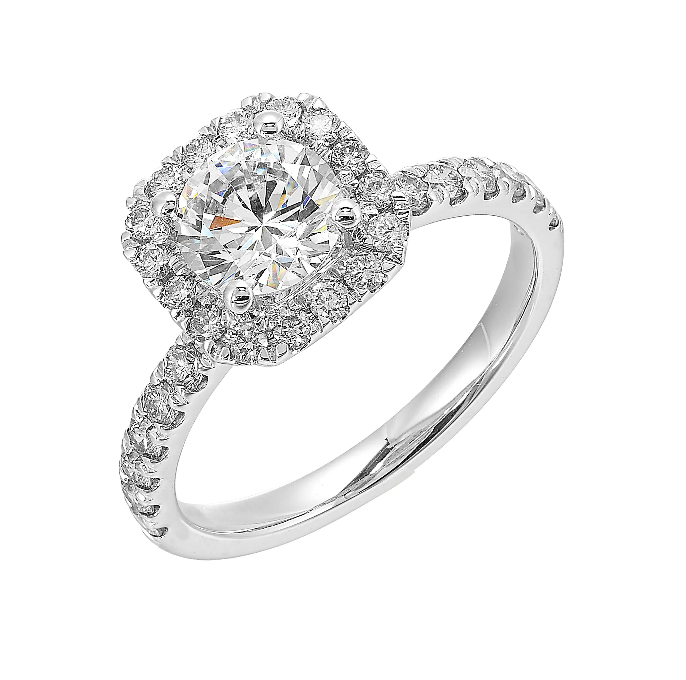 A sparkling round diamond takes center stage, surrounded by a cushion halo and straight diamond shank. This unique design offers a touch of modernity.