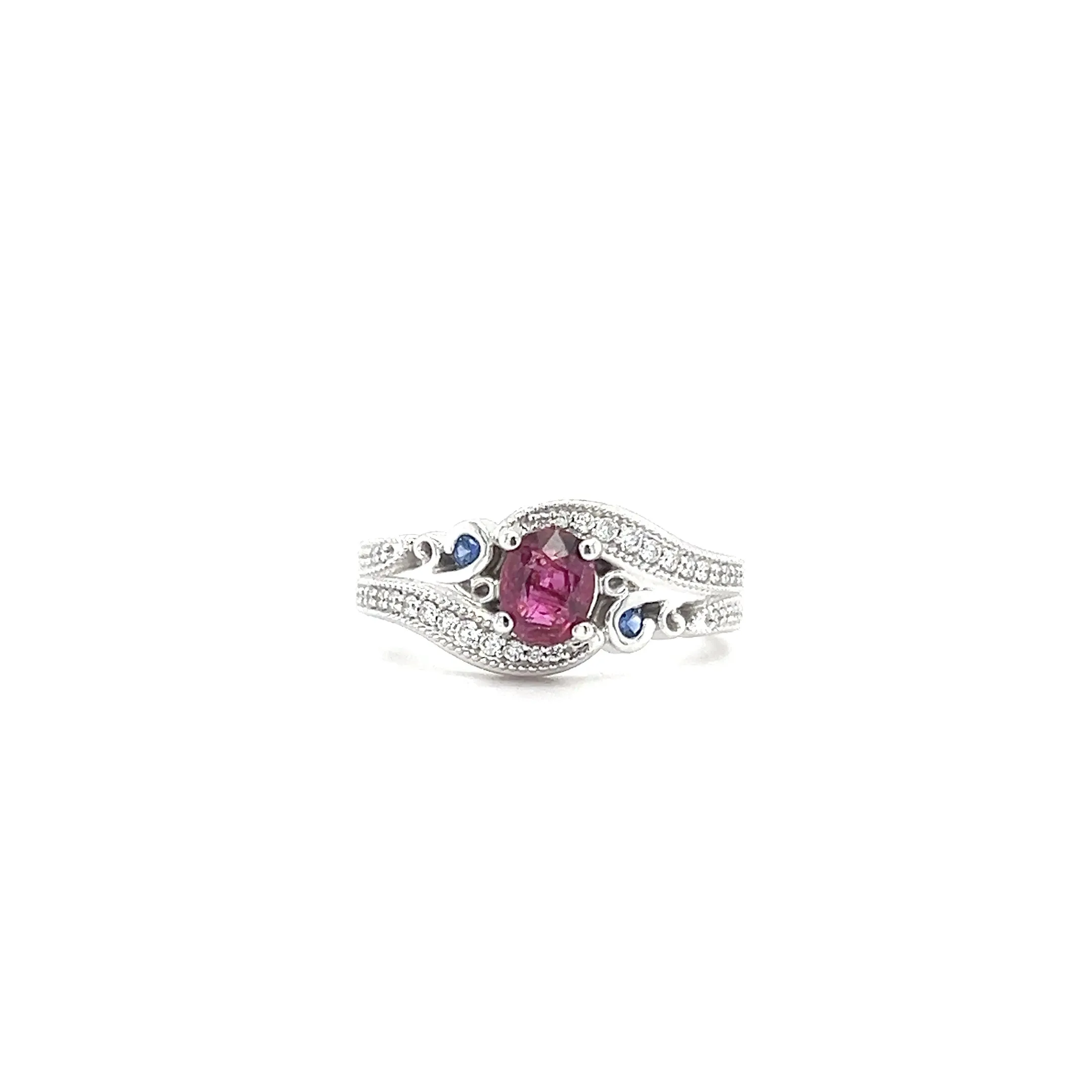 Bypass Ruby Ring with Two Sapphires and Forty-Two Side Diamonds in 14K White Gold