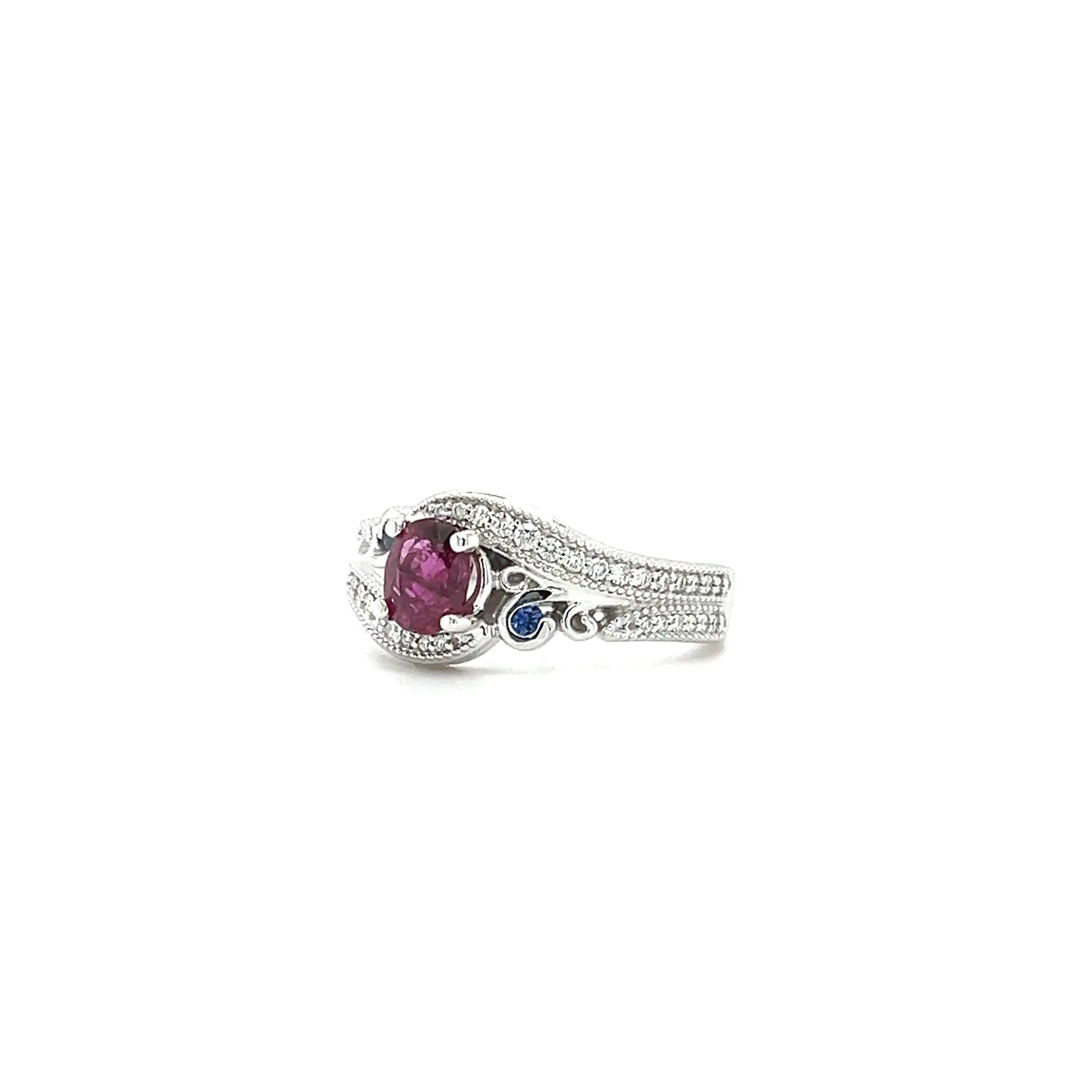 Bypass Ruby Ring with Two Sapphires and Forty-Two Side Diamonds in 14K White Gold