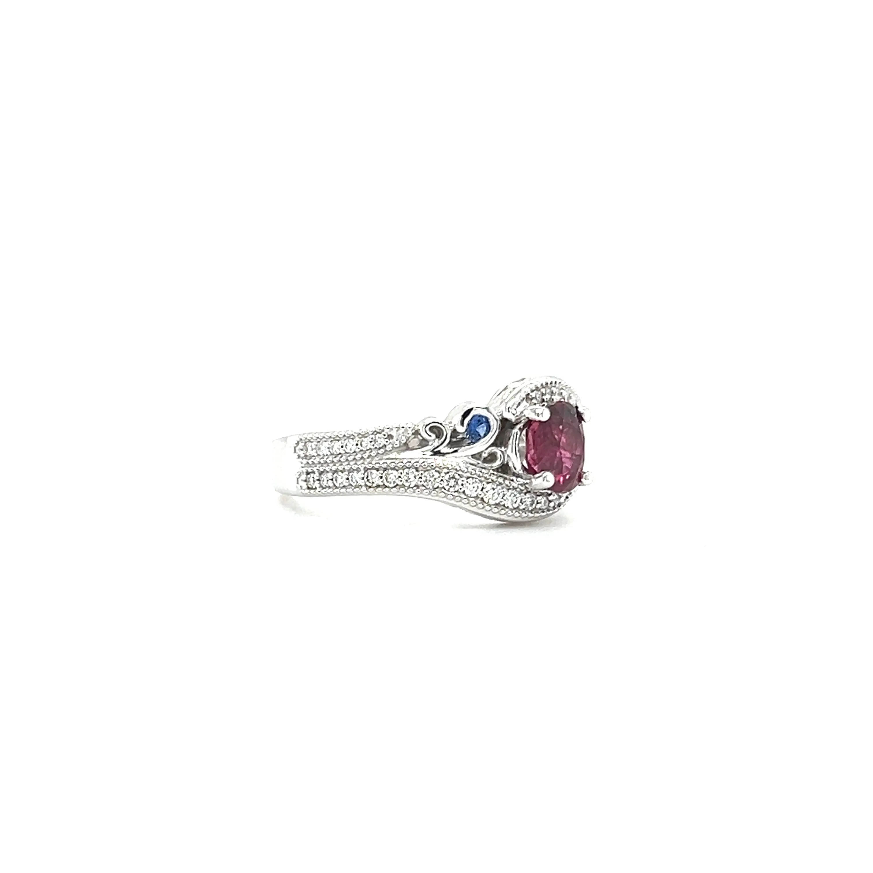 Bypass Ruby Ring with Two Sapphires and Forty-Two Side Diamonds in 14K White Gold