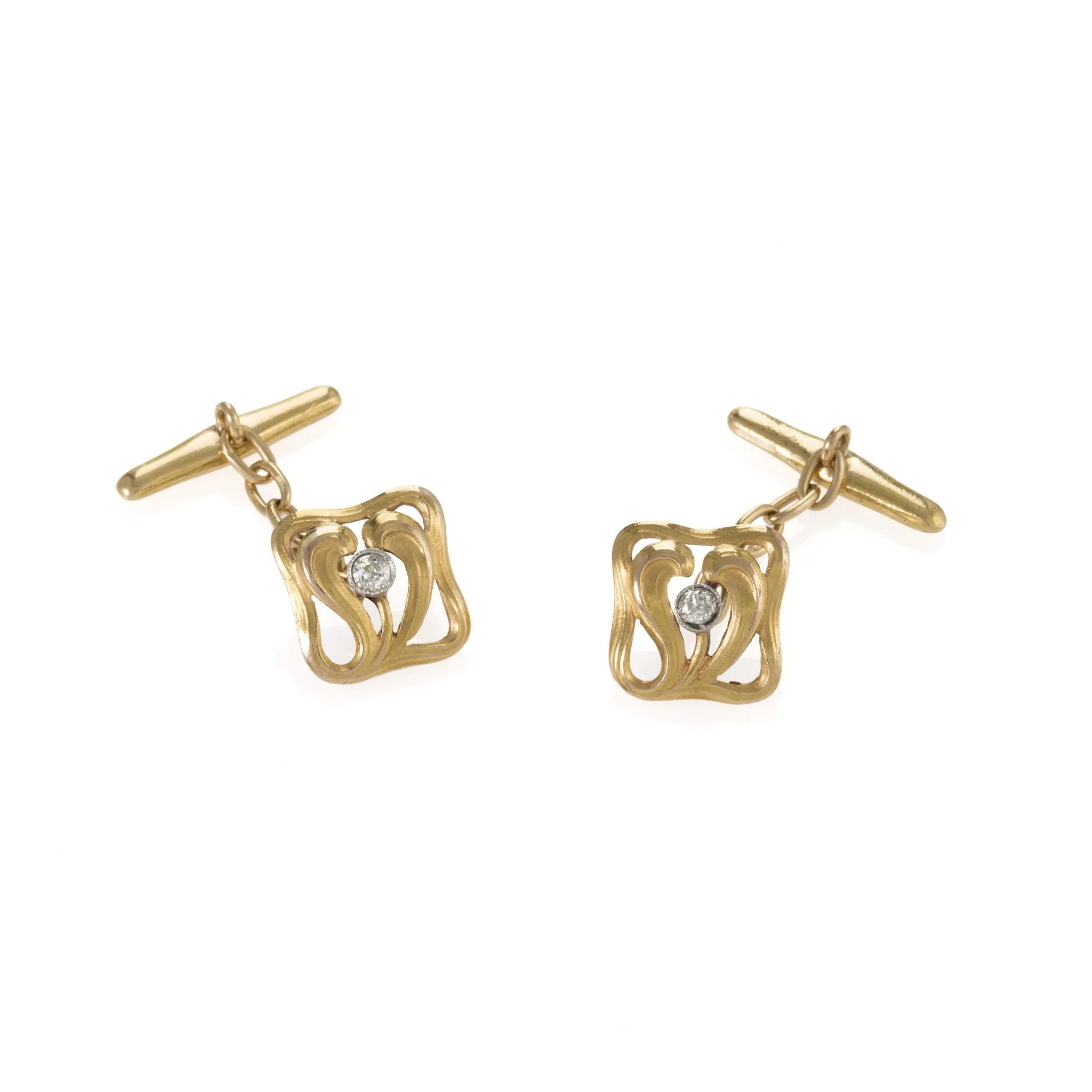 Chased Gold and Diamond Cuff Links