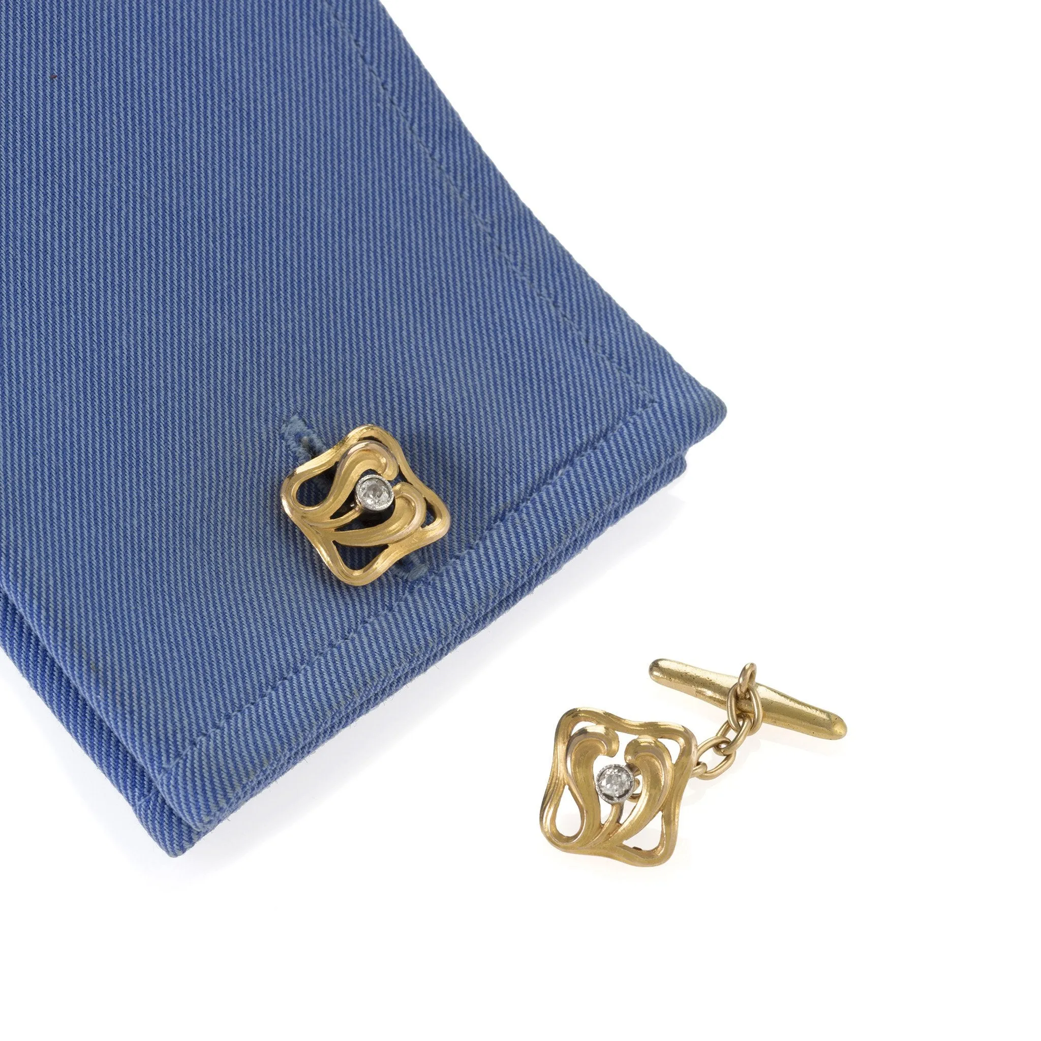 Chased Gold and Diamond Cuff Links