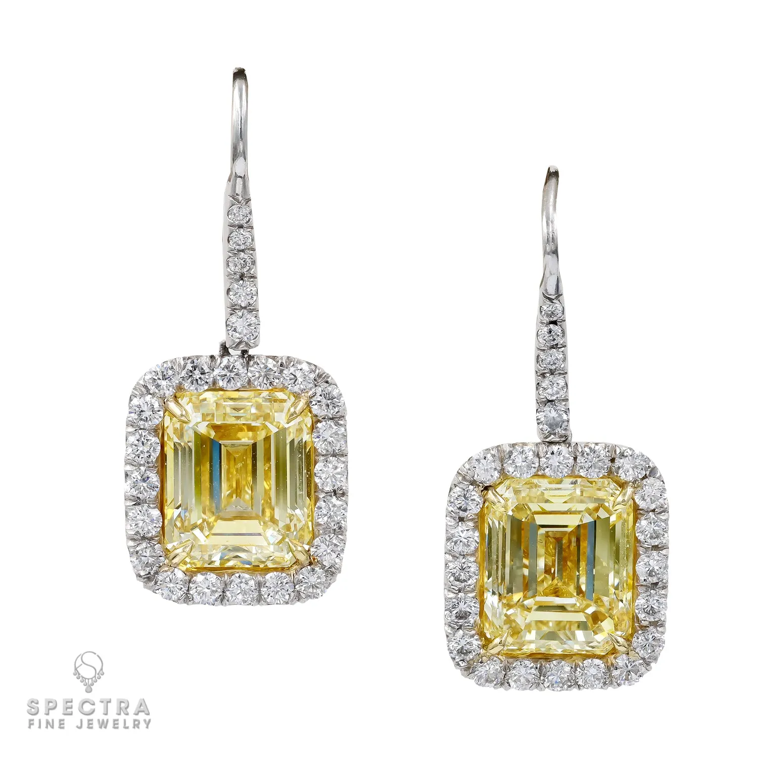 Contemporary Emerald Cut Yellow Diamond Halo Drop Earrings