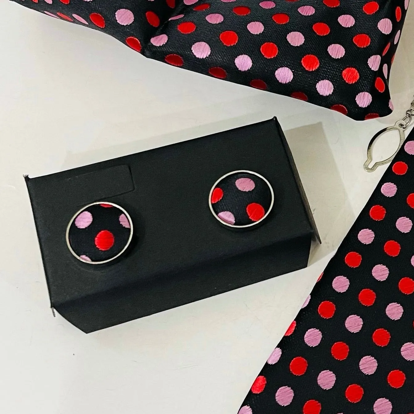 Cuff Links - Black with Red & Pink Polka Dots