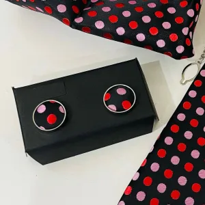 Cuff Links - Black with Red & Pink Polka Dots