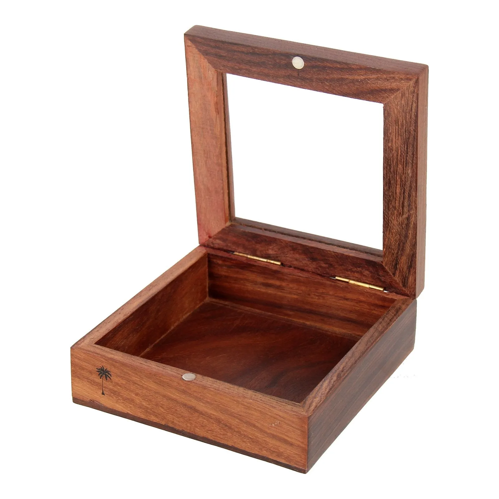 Dark wood gift box with glass lid.